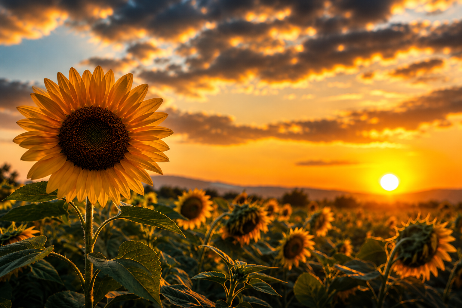 Sunflower at golden hour in a field at sunset