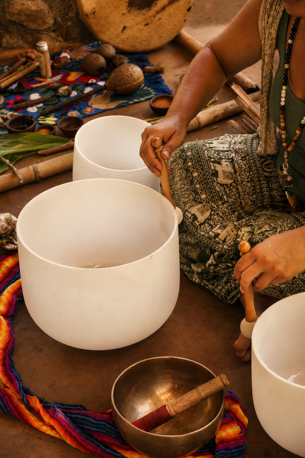 Malin holding sacred sound bowls